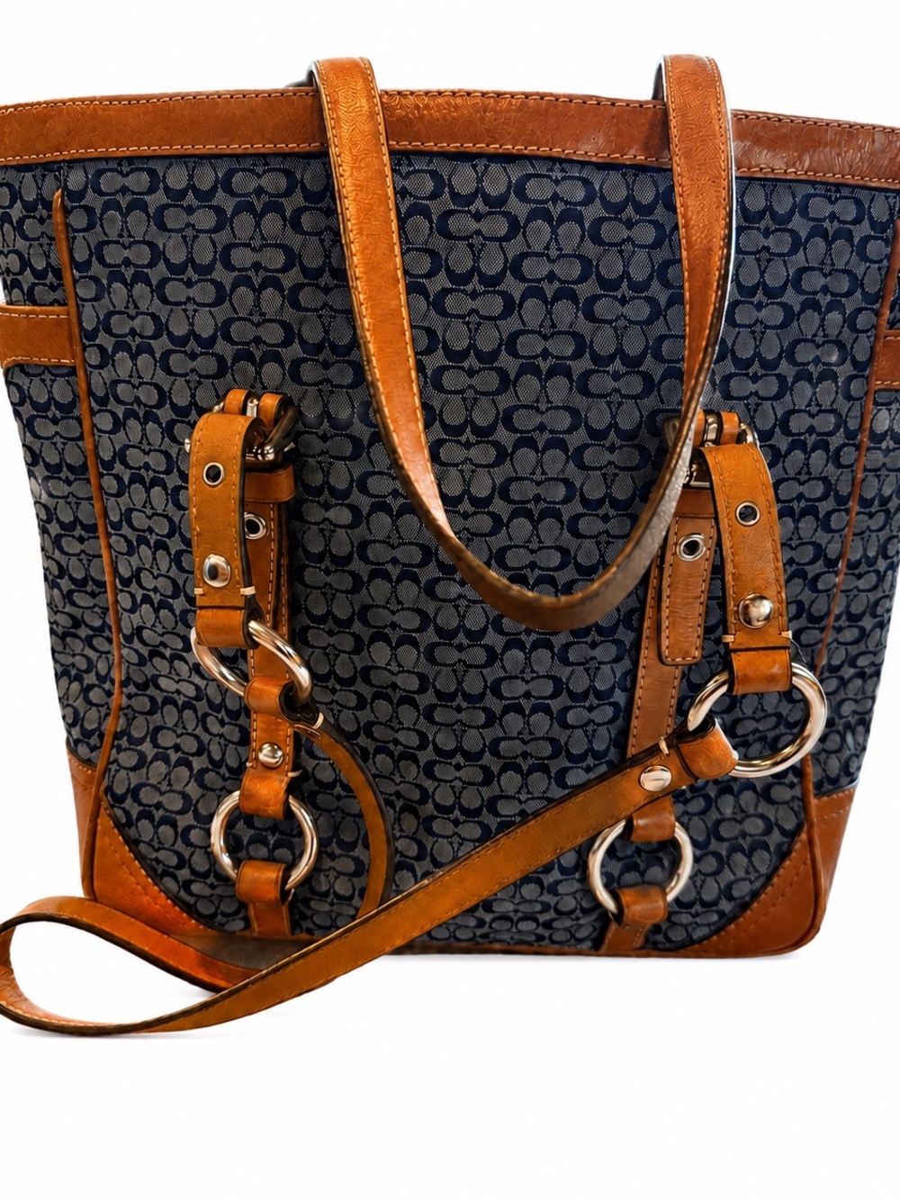 Coach Navy Signature Canvas Tote with Brown Leather Trim
